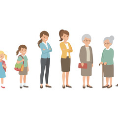 Obraz premium Line of Cartoon Women Different Ages.