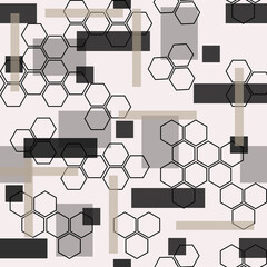 Seamless bee honeycomb square pattern with black flowers