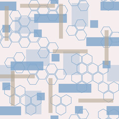 Seamless bee honeycomb square pattern with blue cyan flowers