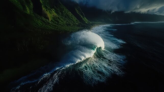 Surging teahupoo wave crashes majestically against the shoreline