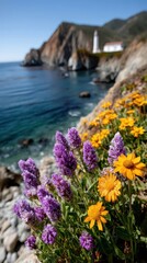 Obraz premium Colors of superbloom along Big Sur's coastline with a lighthouse view