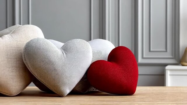 Handmade heart-shaped pillows on wooden table in simple living room setting with neutral colors and soft lighting