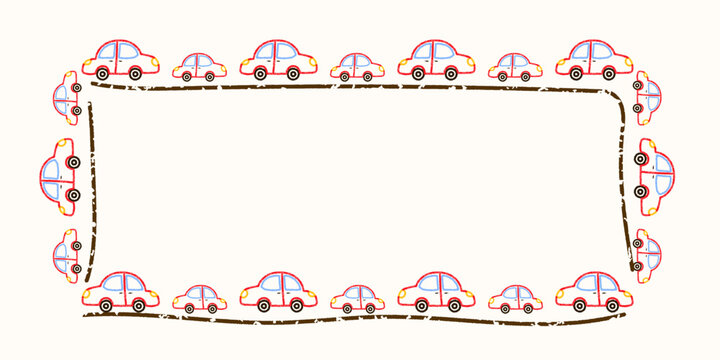 Cute crayon car frame with a rectangle border. Designed for kindergarten templates, kids birthday banners, and cheerful preschool graphics