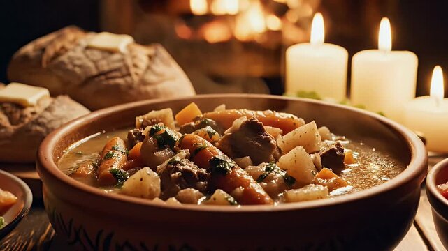 Warm meal served with bread and candles near a fireplace for comfort food concept
