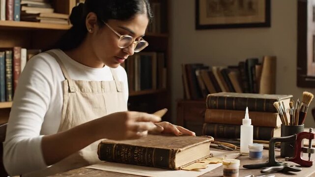 Meticulous Indian woman carefully restoring an antique book with tools and glue in her cozy home study.