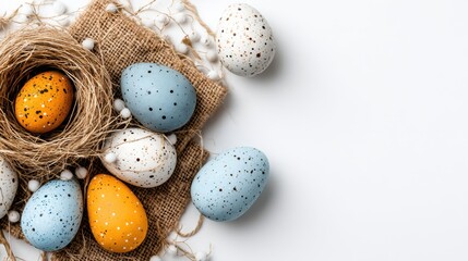 Obraz premium Colorful Easter Eggs in Nest on Rustic Fabric Background