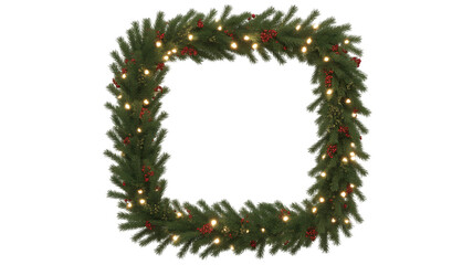 Christmas tree branches forming square frame with lights and red berries transparent background