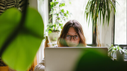 stock photo of a real woman working from home with a laptop at a table, bright window light, indoor plants around, authentic cozy apartment atmosphere, minimal retouch, subtle film