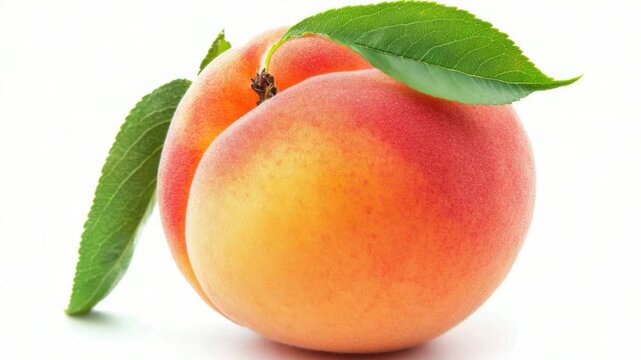 Video A close-up shot of two peaches with leaves on a white background, perfect for food or nature-themed projects