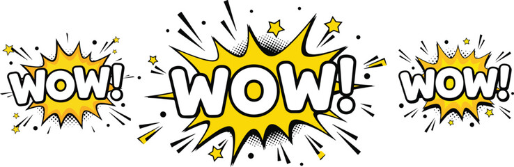 Comic WOW Sound Effect Explosion Speech Bubble Set Pop Art Vector
