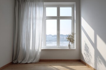 Obraz premium Sunlit room interior with white curtains, a potted plant, and city view.