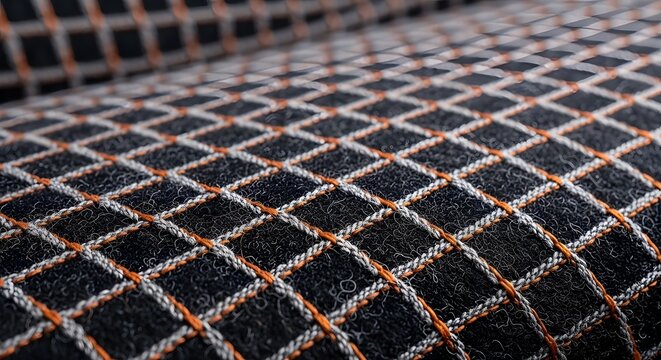 Premium Upholstery Fabric Texture: Black Felted Material with Detailed Orange and Grey Criss-Cross Quilted Stitching