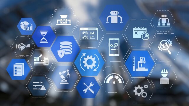 Predictive maintenance icons for industry, automation, smart factory and manufacturing showing data analysis, monitoring, robotics and system optimization with advanced maintenance solutions. Gist