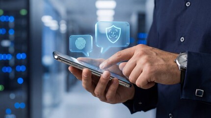 Man using smartphone with security icons for authentication and protection