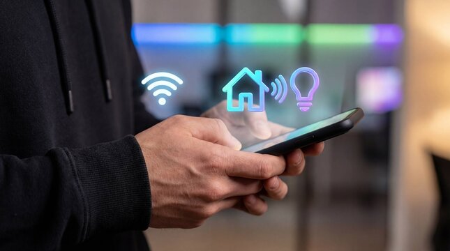 Man using smartphone with smart home and WiFi icons floating above