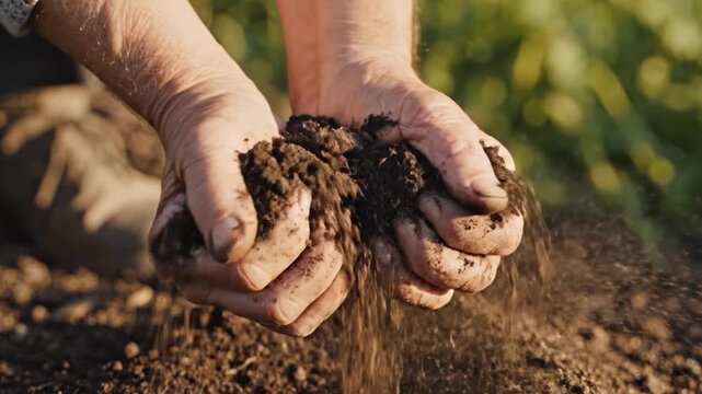 Hands Holding Rich Soil in Garden.