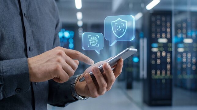 Businessman using secure mobile authentication with fingerprint and shield icons - Powered by Adobe