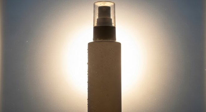 White plastic spray bottle with a fine mist dispenser, dramatically backlit against a glowing background, highlighting its form