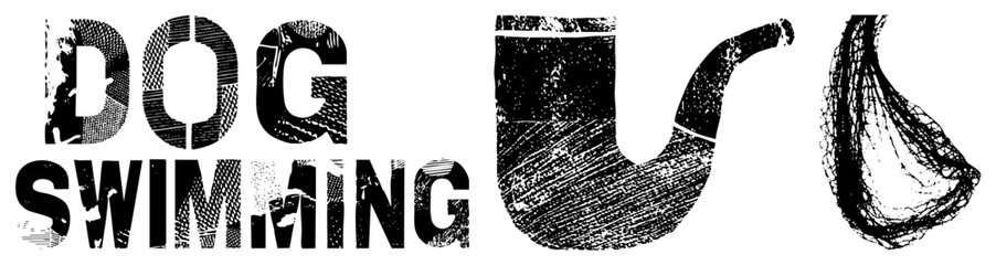 Fototapeta premium Stylized Text and Set Featuring Dog Swimming, Pipe, and in Halftone Vector Design