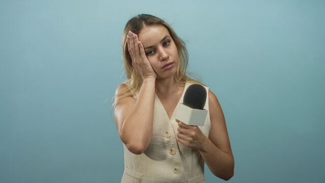 Young blonde woman reporter holding microphone with hand on cheek in pale blue studio; tired resignation.