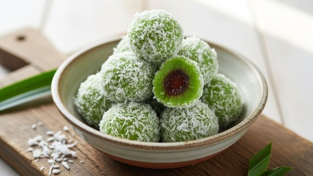 Onde Onde: Green Glutinous Rice Balls with Coconut and Red Palm Sugar Filling