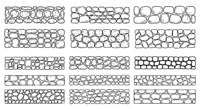 Set of 15 stone wall texture patterns vector, hand drawn outline brick and rock masonry borders for garden design