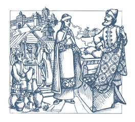 Vector drawing. Man sells a fabric om ancient market