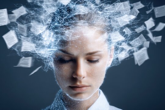 Woman with digital data visualization representing information overload concept - Powered by Adobe