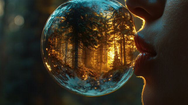 Enchanted Bubble with Forest Scene Reflecting in Nature Vibes