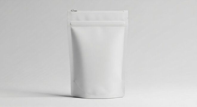 White standup pouch packaging mockup, blank flexible bag for food, coffee, tea, or snack products, isolated on white background