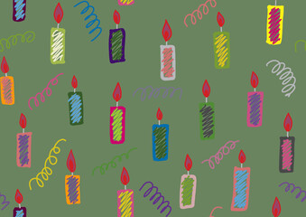 Seamless pattern with colorful christmas decorations and candle in green background