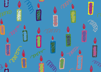 Seamless pattern with colorful christmas decorations and candle in blue background