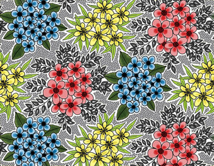 Seamless pink red blue and yellow floral under grey background