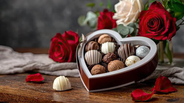 Heart-shaped box of chocolates with red roses and petals on wooden table for special occasions and celebrations in a cozy setting