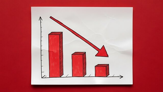 Hand drawn chart showing a steep decline in business performance indicated by red bars and a prominent downward pointing arrow