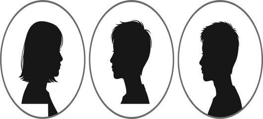 Side View Human Profile Silhouette Icon Set with Male and Female Head Portraits in Oval Frames for Avatar and User Interface Design