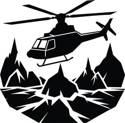 Arctic ice rescue helicopter hovering above cracked frozen surface emergency mission scene Vector illustration