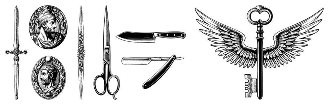 Vintage Antique Blades and Winged Key Vector Set