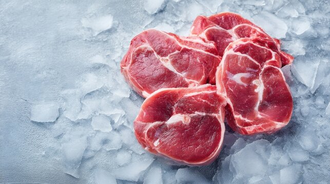 Close up of a slab of meat on ice. The meat is cut into small pieces and is surrounded by ice
