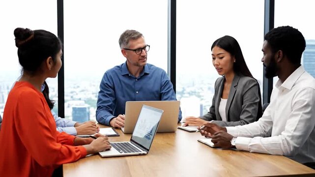 A group of diverse professionals meet around a table in an office. They discuss ideas, collaborate on projects, and use a laptop for their meeting. The setting is urban and bright