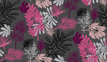 Seamless leave palm botany illustration pattern with grey background