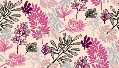 Seamless leave palm botany illustration pattern with beige background