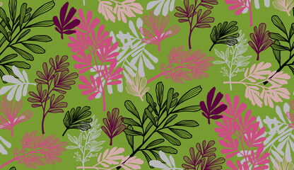 Seamless leave palm botany illustration pattern with green background