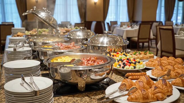 Hotel buffet breakfast spread. Trays of breakfast foods are laid out on a hotel buffet with serving utensils placed neatly, creating a clean and welcoming scene.