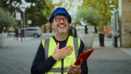Obraz premium Man smiling in urban street wearing hardhat and safety vest while holding clipboard with colleagues in blurred background showing cheerful professional scene.