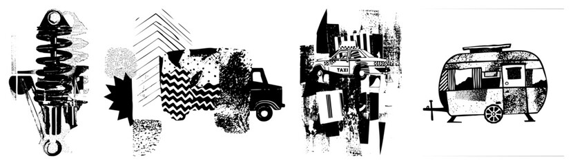Obraz premium Abstract Black and White Vector Illustrations of Car, Truck, Taxi, and Trailer