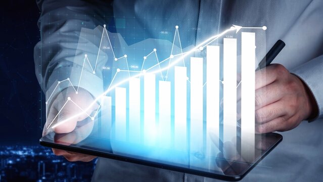 A business professional observes a growth chart on a digital tablet, showcasing futuristic data visualization against a night city backdrop for financial analysis. Copula - Powered by Adobe
