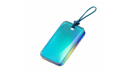 Modern iridescent tag with a shimmering gradient and blue loop against a stark black background
