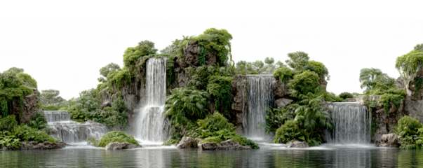 A tranquil scene of multiple waterfalls cascading over lush green cliffs into a serene pond