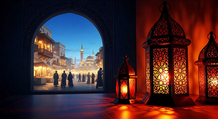 A serene nighttime view of a Middle Eastern city through an arched doorway with lanterns